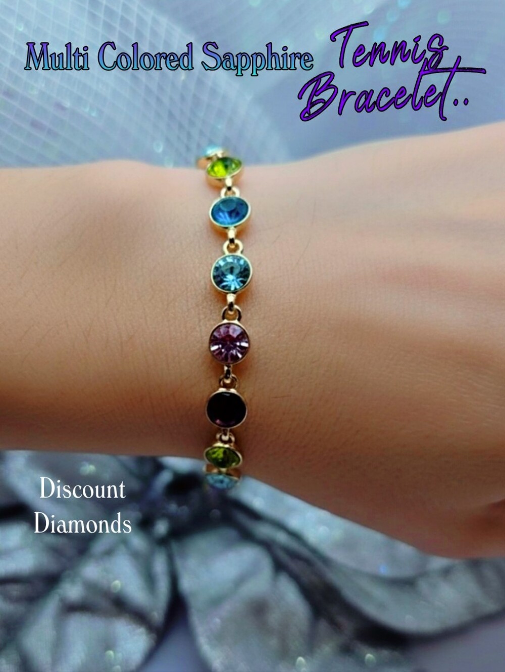 Multi Colored Sapphire Tennis Bracelet 18K Gold Plating 925